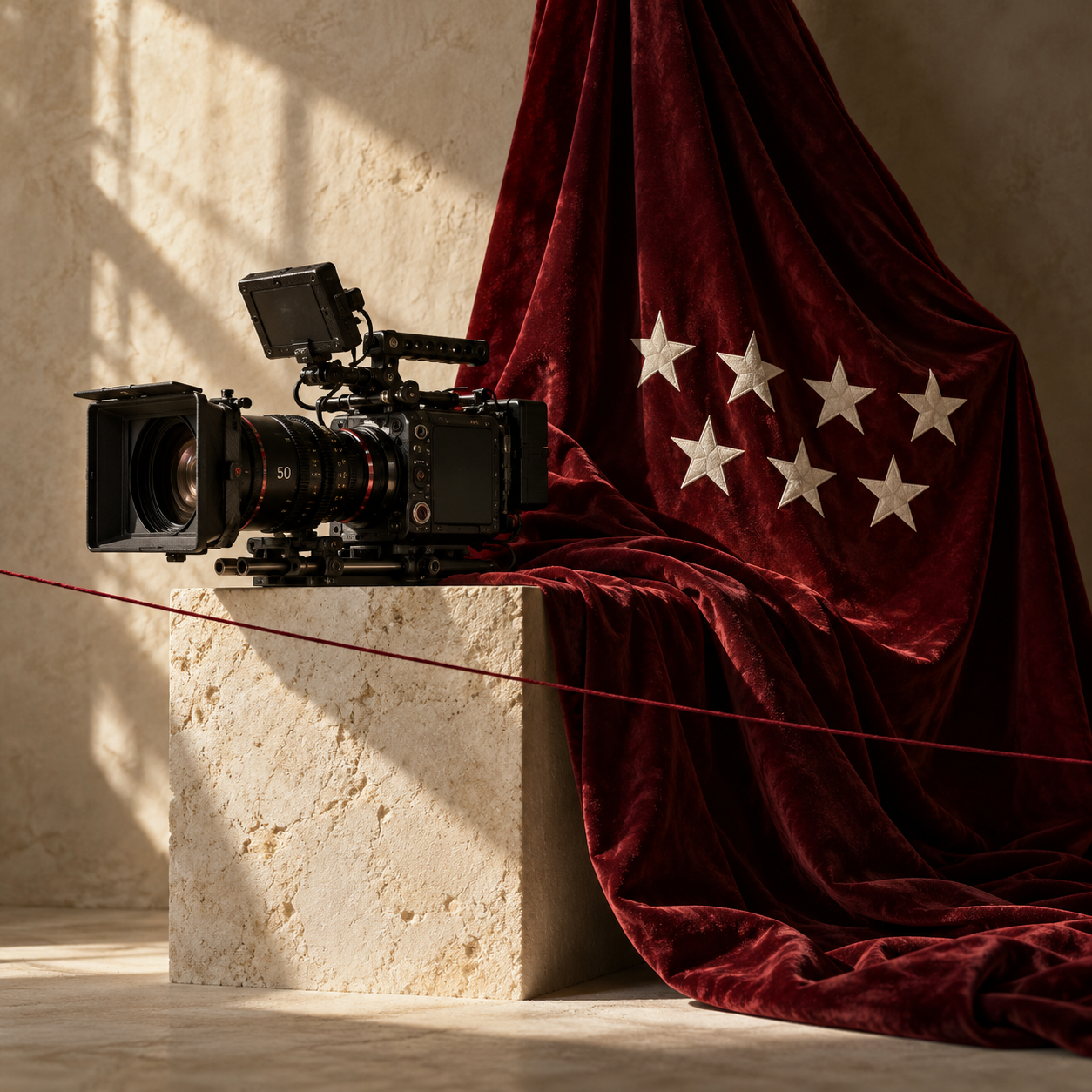 Cámara de cine junto a una bandera de terciopelo burdeos con siete estrellas blancas y un hilo tensado sobre piedra marfil.