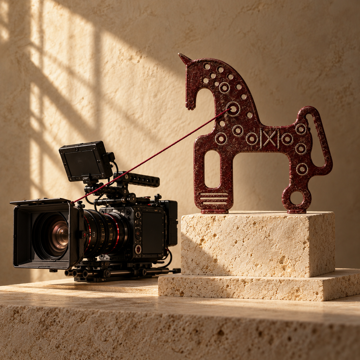 Cámara de cine junto a una escultura burdeos del caballo celtibérico de Soria, atravesada por un hilo sobre un pedestal marfil.