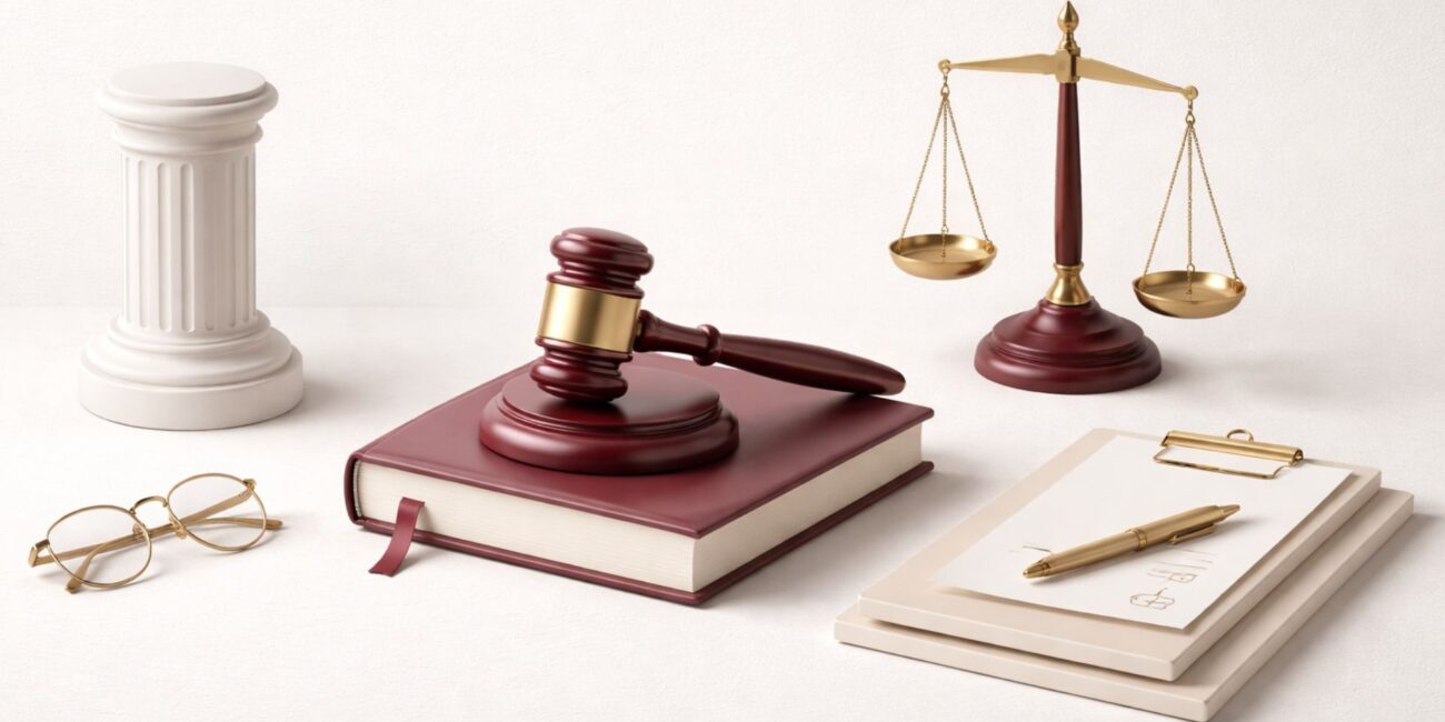 Mazo, balanza y documentos en una composición sobre servicios jurídicos.
