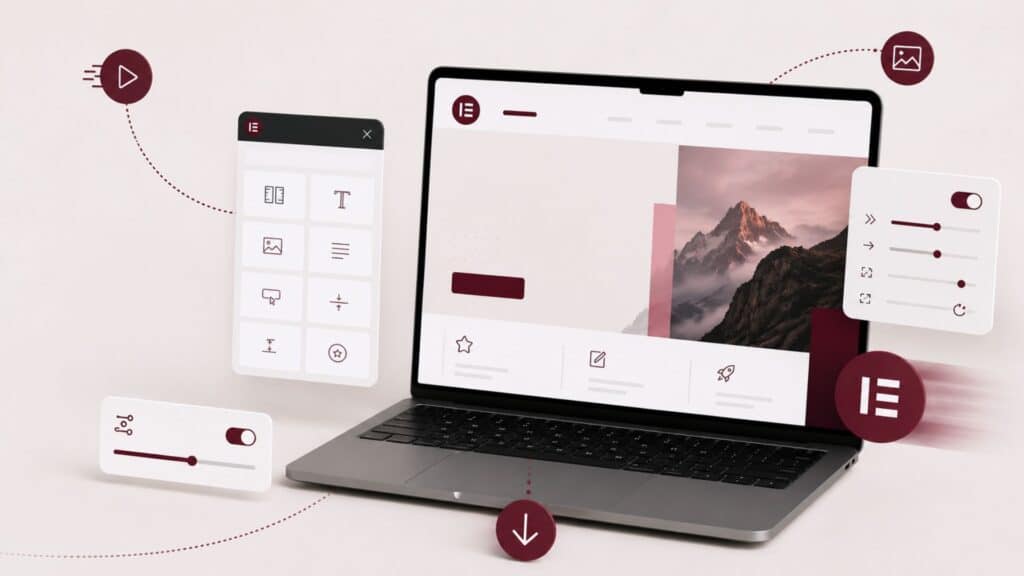 Ilustración de un portátil con una interfaz de diseño web y controles de Elementor.