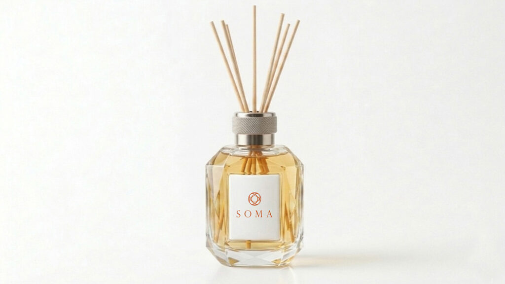 Difusor de varillas con la etiqueta y el símbolo de SOMA.