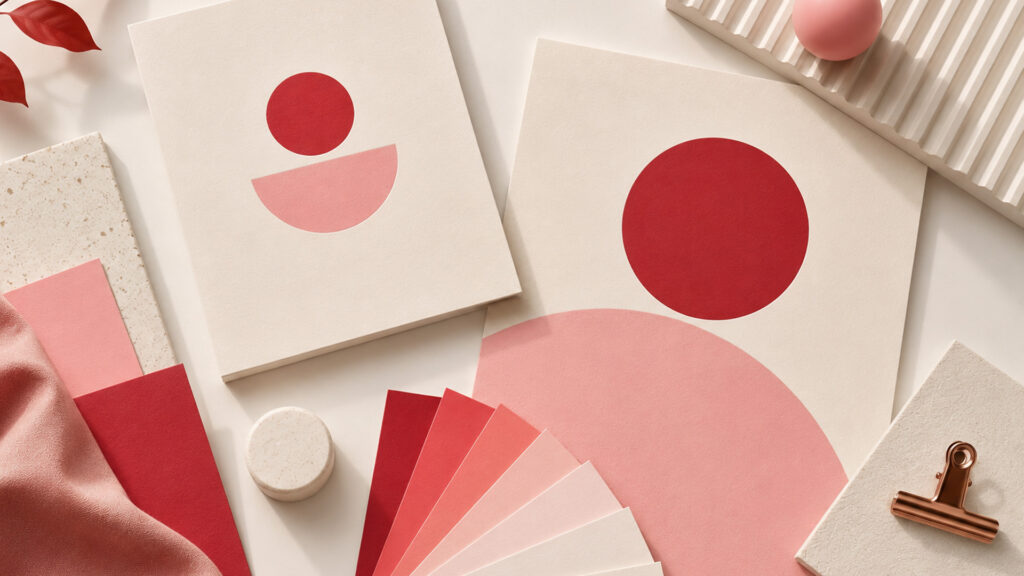 Papelería y muestras de color con formas geométricas rojas y rosas.