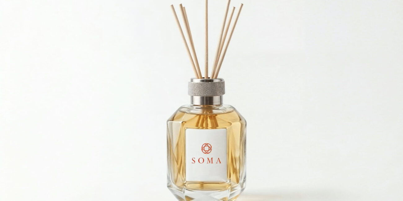 Packaging de un difusor de varillas de SOMA con etiqueta de marca.
