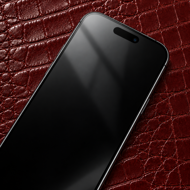 Primer plano diagonal de un iPhone apagado con reflejo sobre piel de cocodrilo burdeos.