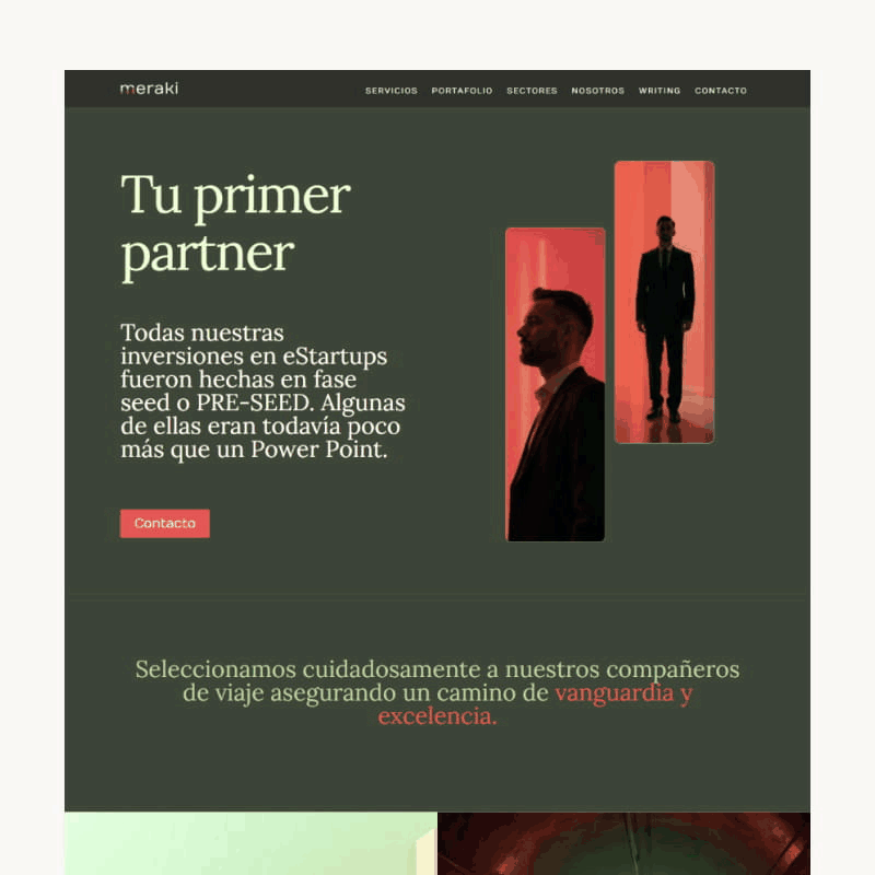 Tres pantallas de la web de Meraki Digital Capital: inicio, empresa y servicios, en un bucle animado.